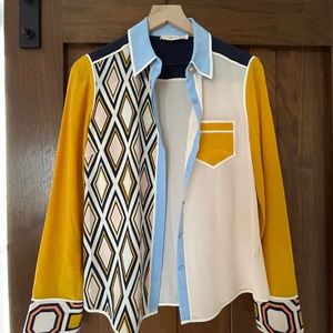 Tory Burch size 2 Contrast “Jackie” Blouse Shirt Solitaire Diamond perfect Tory